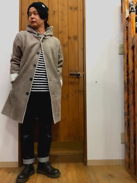 「アイテム（ムートンコート、グレー系）」を使った、Ｋさん（メンズ・164cm）の冬コーディネート