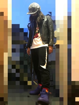 「UNDERCOVER（アンダーカバー）のアイテム（ライダースジャケット）」を使った、田村優太さん（メンズ・177cm）の冬コーディネート