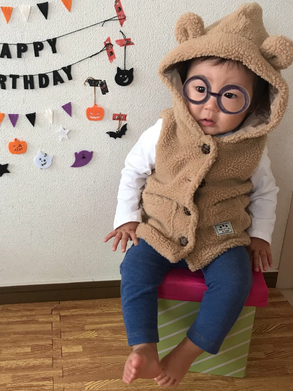 「秋冬コーデ、kids、男の子、ユニクロ」｜「イオンのアイテム（ダウンベスト、ベージュ系）」を使った、あおさん（キッズ・70cm）の秋コーディネートの1枚目の写真