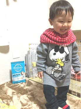 「しまむら（シマムラ）のアイテム（ニット/セーター、グレー系）」を使った、moe..eitaさん（キッズ・110cm）の冬コーディネート