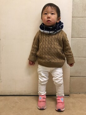「MARKEY'S（マーキーズ）のケーブルニット(XS～L)（ニット/セーター、ブラウン系）」を使った、moe..eitaさん（キッズ・110cm）の冬コーディネート