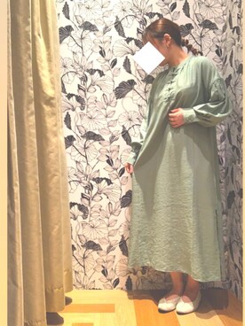 「Green　Parks（グリーンパークス）のチャイナ釦サックワンピース＊（ワンピース、グリーン系）」を使った、lil☺︎☺︎     さん（レディース・154cm）の春コーディネート