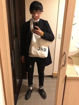 「MHL.」｜「アイテム（チェスターコート）」を使った、まえあつさん（メンズ・175cm）の冬コーディネート