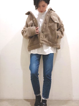 「アイテム（デニムジャケット、ブラウン系）」を使った、ごとみさん（レディース・164cm）の冬コーディネート
