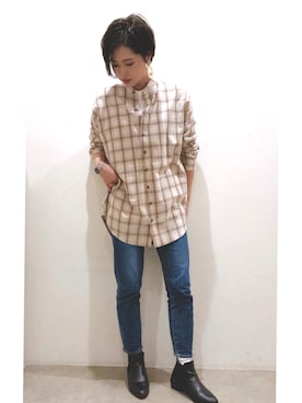 「アイテム（トップス、ベージュ系）」を使った、ごとみさん（レディース・164cm）の冬コーディネート