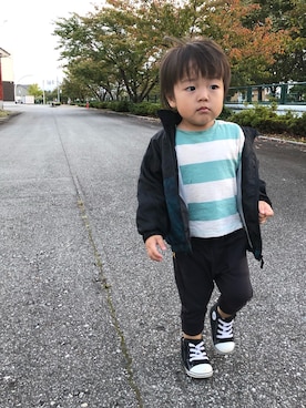 「しまむら（シマムラ）のアイテム（ナイロンジャケット）」を使った、そうすけさん（キッズ・50cm）の秋コーディネート
