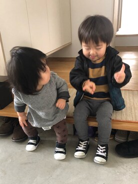 「しまむら（シマムラ）のアイテム（ナイロンジャケット）」を使った、そうすけさん（キッズ・50cm）の冬コーディネート