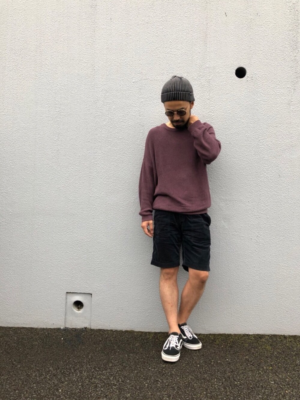 「雨の日コーデ、雨の日、ワッフル、パープル、ショーツ、ハーフパンツ、ストリート、バンズ、黒、コーデュロイ」｜「Lui'sのアイテム（トップス、パープル系）」を使った、ciaokawaさん（メンズ・173cm）の夏コーディネートの1枚目の写真