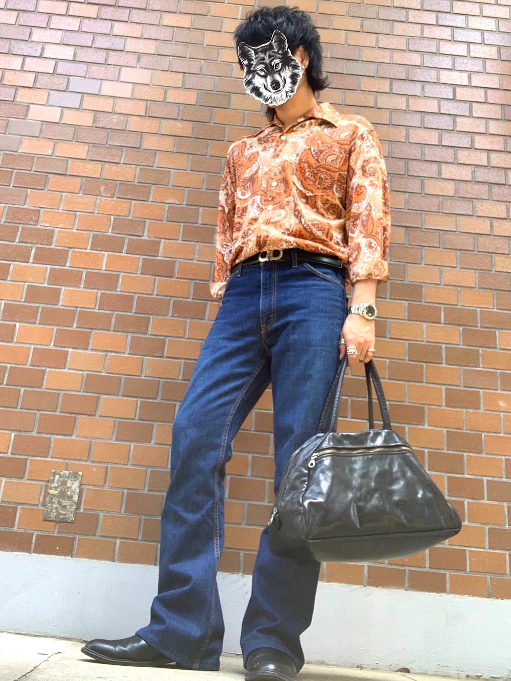 「60’s、70's、フレアパンツ、ベルボトム、ブーツカットパンツ、646、リーバイス、開襟シャツ」｜「Levi'sのアイテム（デニムパンツ、ブルー系）」を使った、&GOMAさん（メンズ・171cm）の夏コーディネートの1枚目の写真
