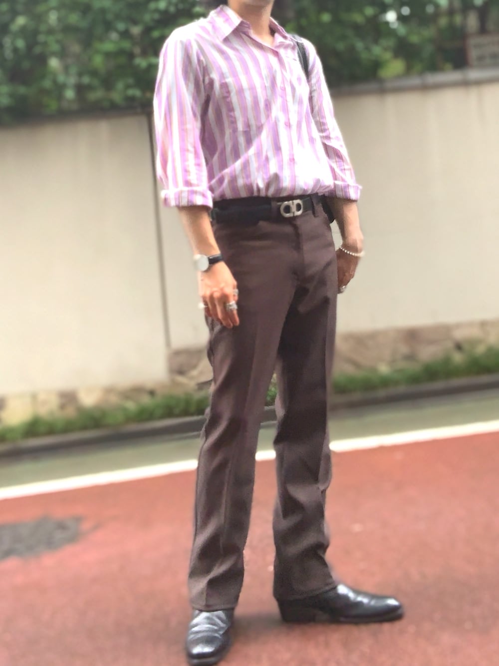 「ウエスタンブーツ、70's、60’s、ストライプ、ストライプシャツ、スタプレ、ブラウン」｜「BUTTEROのアイテム（ブーツ、ブラック系）」を使った、&GOMAさん（メンズ・171cm）の夏コーディネートの1枚目の写真