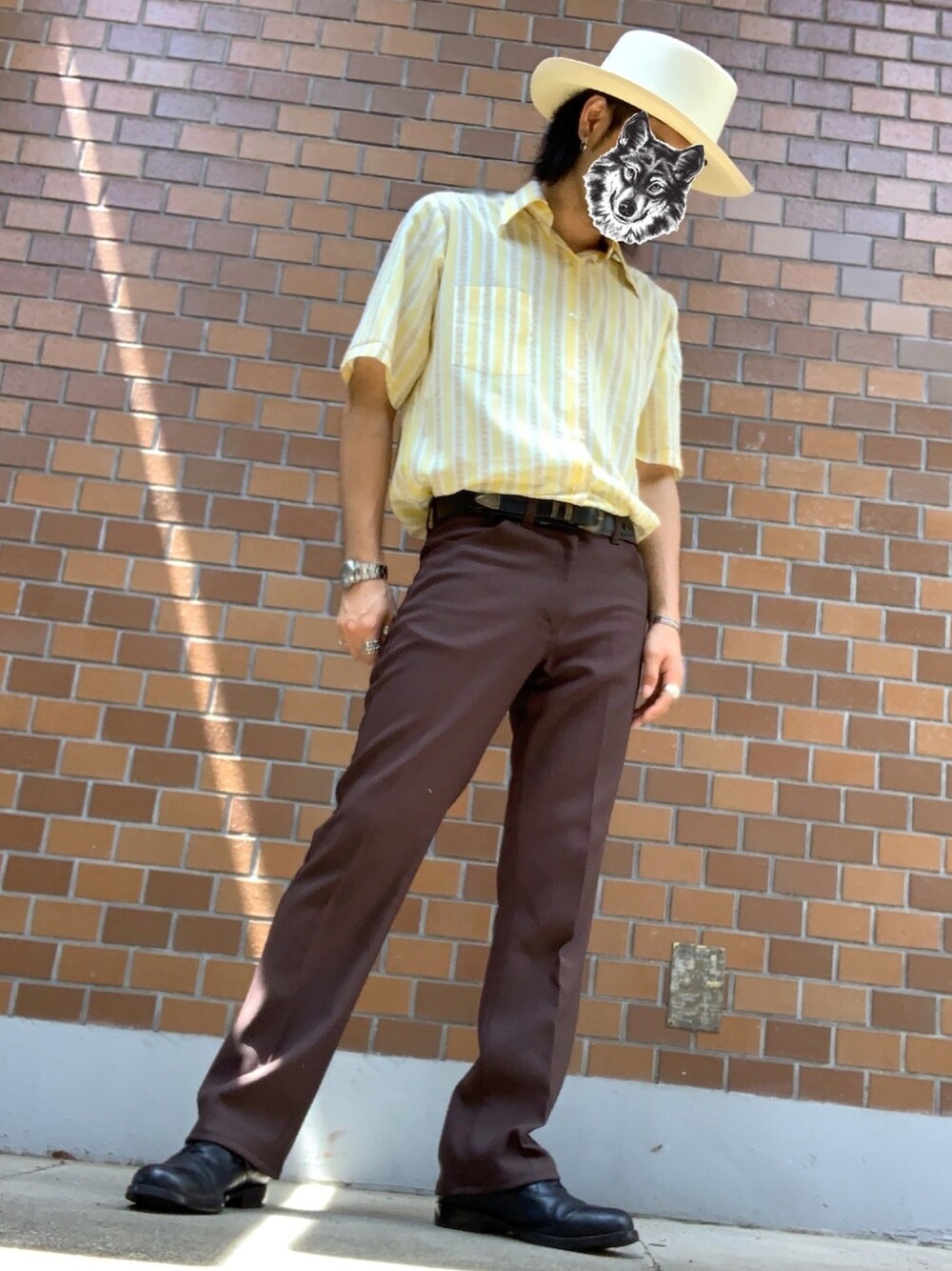 「70's、60’s、パナマハット、ハット、スタプレ、ドレスシューズ、ウエスタンベルト、ウエスタン」｜「usedのアイテム（ドレスシューズ、ブラック系）」を使った、&GOMAさん（メンズ・171cm）の夏コーディネートの1枚目の写真