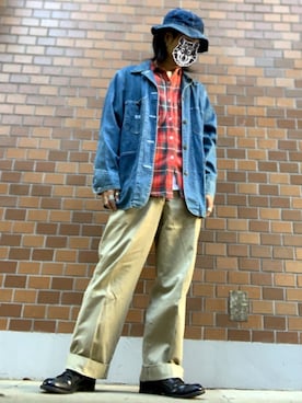 「アイテム（ハット、ブルー系）」を使った、&GOMAさん（メンズ・171cm）の秋コーディネート