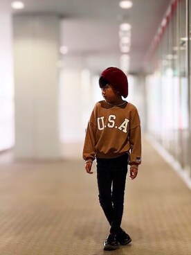 「apres les cours（アプレレクール）のアイテム（ハンチング/ベレー帽）」を使った、とも@ゆうパパさん（キッズ・120cm）の秋コーディネート
