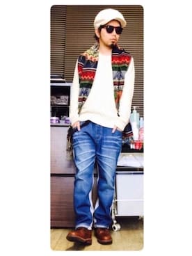 「gym master（ジムマスター）のアイテム（デニムパンツ）」を使った、トシーグくんさん（メンズ・169cm）の冬コーディネート