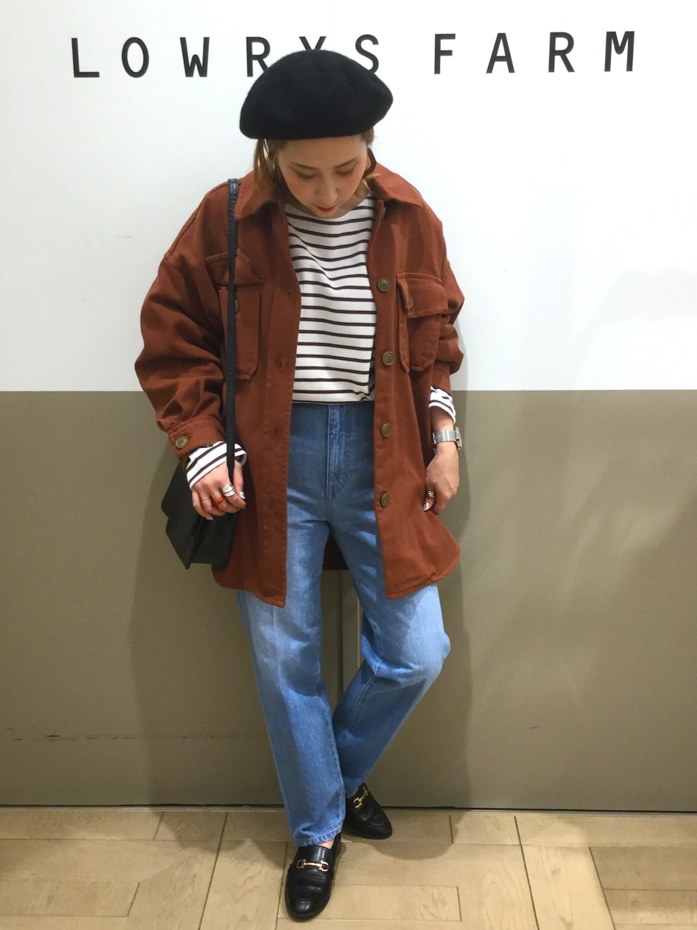 「パステル映える春、シンプルコーデ、お洒落さんとつながりたい、パンツスタイル、きれいめカジュアル、春、ジャケット、金沢、金沢フォーラス、CPOジャケット」｜「LOWRYS FARMのＵＳＡボーダーＬＳ　862052（Tシャツ/カットソー、ブラウン系）」を使った、あ(だ)りさんさん（レディース・153cm）の春コーディネートの1枚目の写真