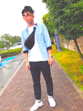 「Rocky Monroe（ロッキーモンロー）のカフスリブデザイン7分袖オックスフォードシャツ（シャツ/ブラウス、ブルー系）」を使った、pamp-camp-mintさん（メンズ・177cm）の夏コーディネート