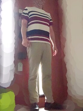 「ABAHOUSE GRAY（アバハウスグレイ）の【展開店舗限定】リップル ボーダー 半袖Tシャツ（Tシャツ/カットソー、ホワイト系）」を使った、pamp-camp-mintさん（メンズ・177cm）の秋コーディネート