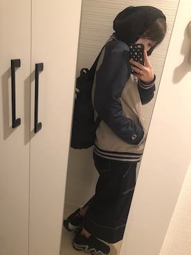 「Champion（チャンピオン）のアイテム（スタジャン）」を使った、ゆうき、短足に見えないさん（レディース・162cm）の秋コーディネート