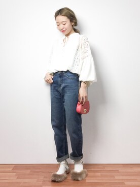 「ファーサンダル」｜「アイテム（パンプス）」を使った、りっぴーさん（レディース・154cm）の冬コーディネート