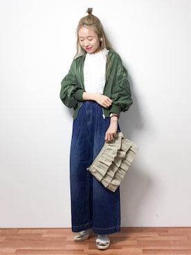 「ヘアアレンジ」｜「アイテム（MA-1）」を使った、りっぴーさん（レディース・154cm）の春コーディネート