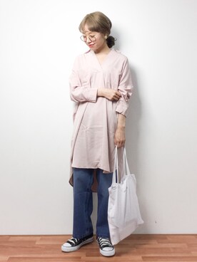 「スキッパーシャツ」｜「アイテム（シャツワンピース）」を使った、りっぴーさん（レディース・154cm）の春コーディネート