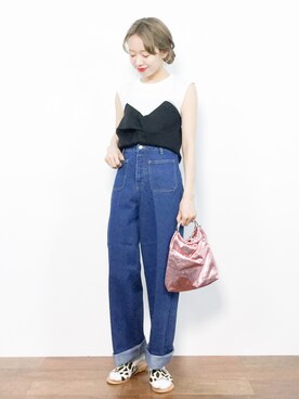 「CANAL JEAN（キャナルジーン）のfrom Lagoon(フロムラグーン) クロスレザーサンダル（サンダル）」を使った、りっぴーさん（レディース・154cm）の夏コーディネート