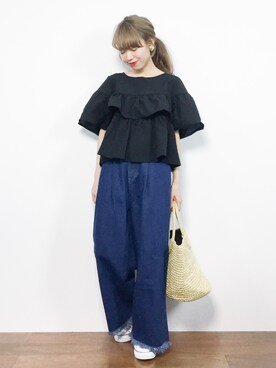 「cache cache（カシュ カシュ）のアイテム（かごバッグ）」を使った、りっぴーさん（レディース・154cm）の夏コーディネート