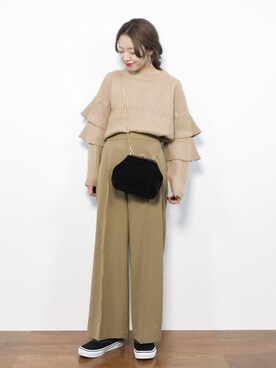 「MERLOT（メルロー）のリブニットティアードフリル袖プルオーバー640-8527（ニット/セーター）」を使った、りっぴーさん（レディース・154cm）の秋コーディネート