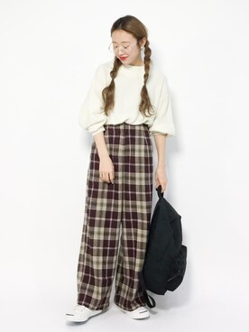 チェックハイウエストワイドパンツを使った人気ファッションコーディネート Wear