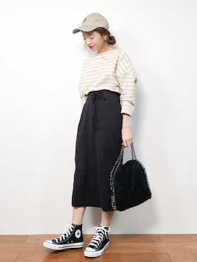 「FREAK'S STORE（フリークスストア）の【WEB限定】ビッグシルエット バスクボーダーTEE（Tシャツ/カットソー）」を使った、りっぴーさん（レディース・154cm）の冬コーディネート