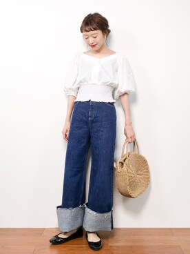 「ロールアップ」｜「アイテム（レインシューズ）」を使った、りっぴーさん（レディース・154cm）の春コーディネート