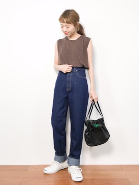 「UNE MANSION（ユヌマンション）のアイテム（タンクトップ）」を使った、りっぴーさん（レディース・154cm）の夏コーディネート