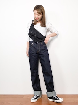「Ungrid（アングリッド）のセルヴィッチワンウォッシュワイドデニム（デニムパンツ）」を使った、りっぴーさん（レディース・154cm）の秋コーディネート