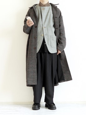 「ノーカラーシャツ」｜「アイテム（ステンカラーコート）」を使った、Nsさん（メンズ・166cm）の秋コーディネート
