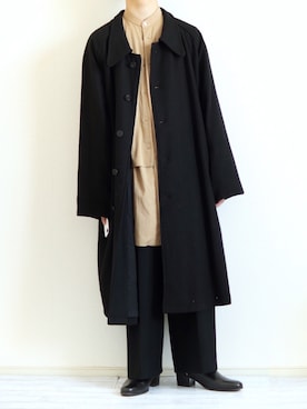 「ノーカラーシャツ」｜「アイテム（ステンカラーコート）」を使った、Nsさん（メンズ・166cm）の冬コーディネート