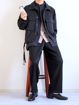 「ノーカラーシャツ」｜「アイテム（ブルゾン）」を使った、Nsさん（メンズ・166cm）の冬コーディネート