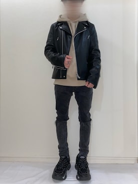「AZUL by moussy（アズールバイマウジー）のアイテム（ライダースジャケット）」を使った、りよさん（メンズ・158cm）の冬コーディネート