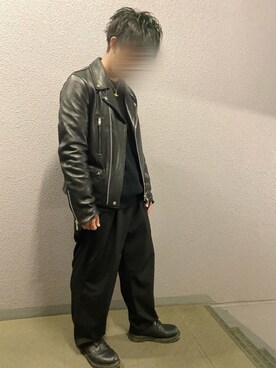 「AZUL by moussy（アズールバイマウジー）のアイテム（ライダースジャケット）」を使った、りよさん（メンズ・158cm）の冬コーディネート