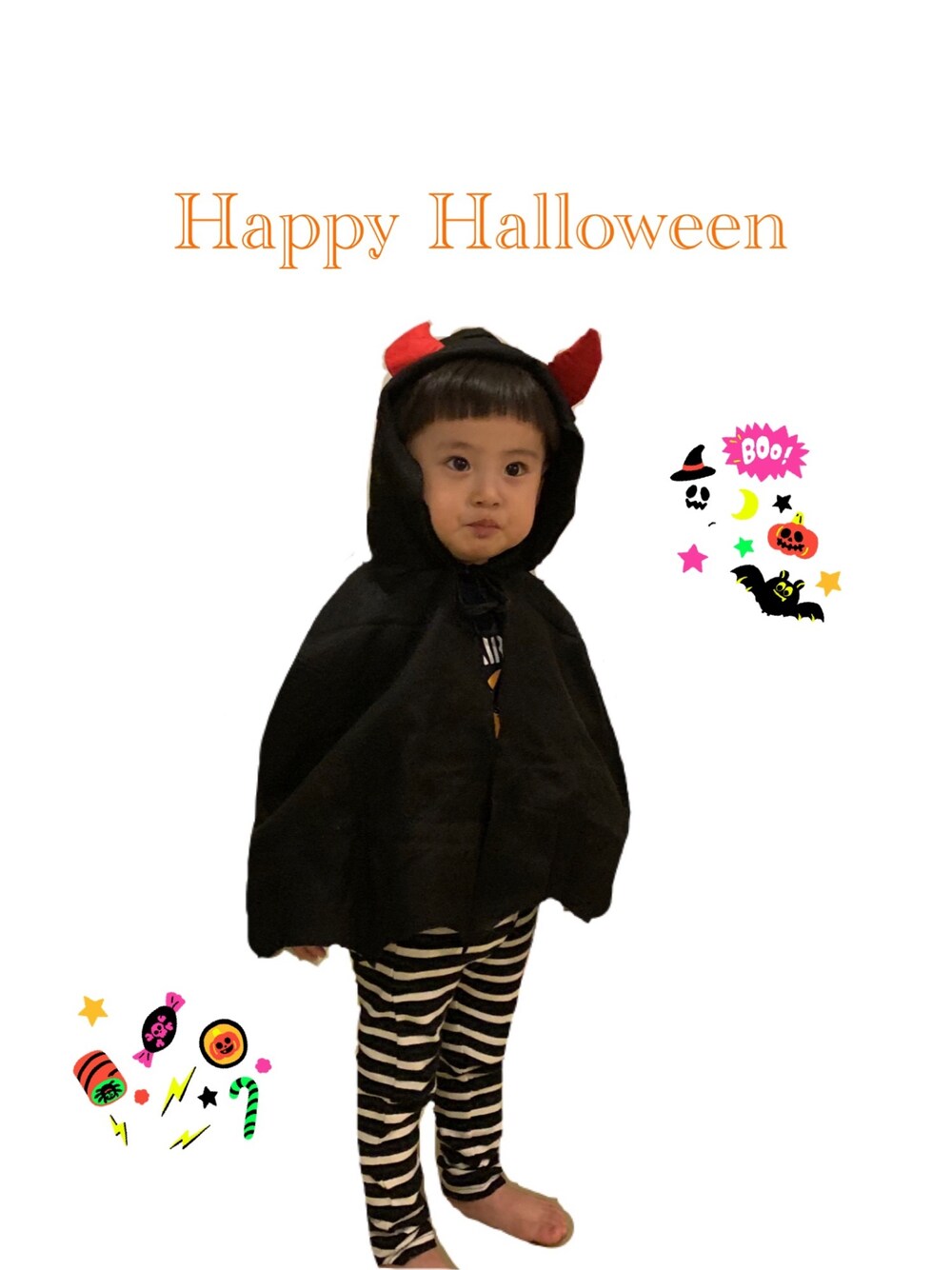 「wearhalloween2019」｜「ダイソーのアイテム（ポンチョ、ブラック系）」を使った、さとさん（キッズ・100cm）の秋コーディネートの1枚目の写真
