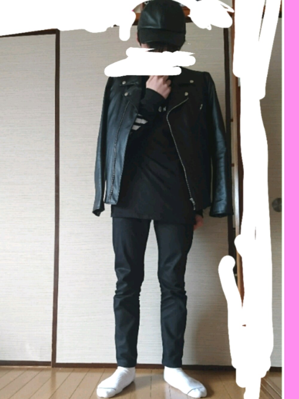 「ダブルライダース」｜「WEGOのWEGO/ダブルライダースジャケット（ライダースジャケット、ブラック系）」を使った、kaiさん（メンズ・166cm）の春コーディネートの1枚目の写真