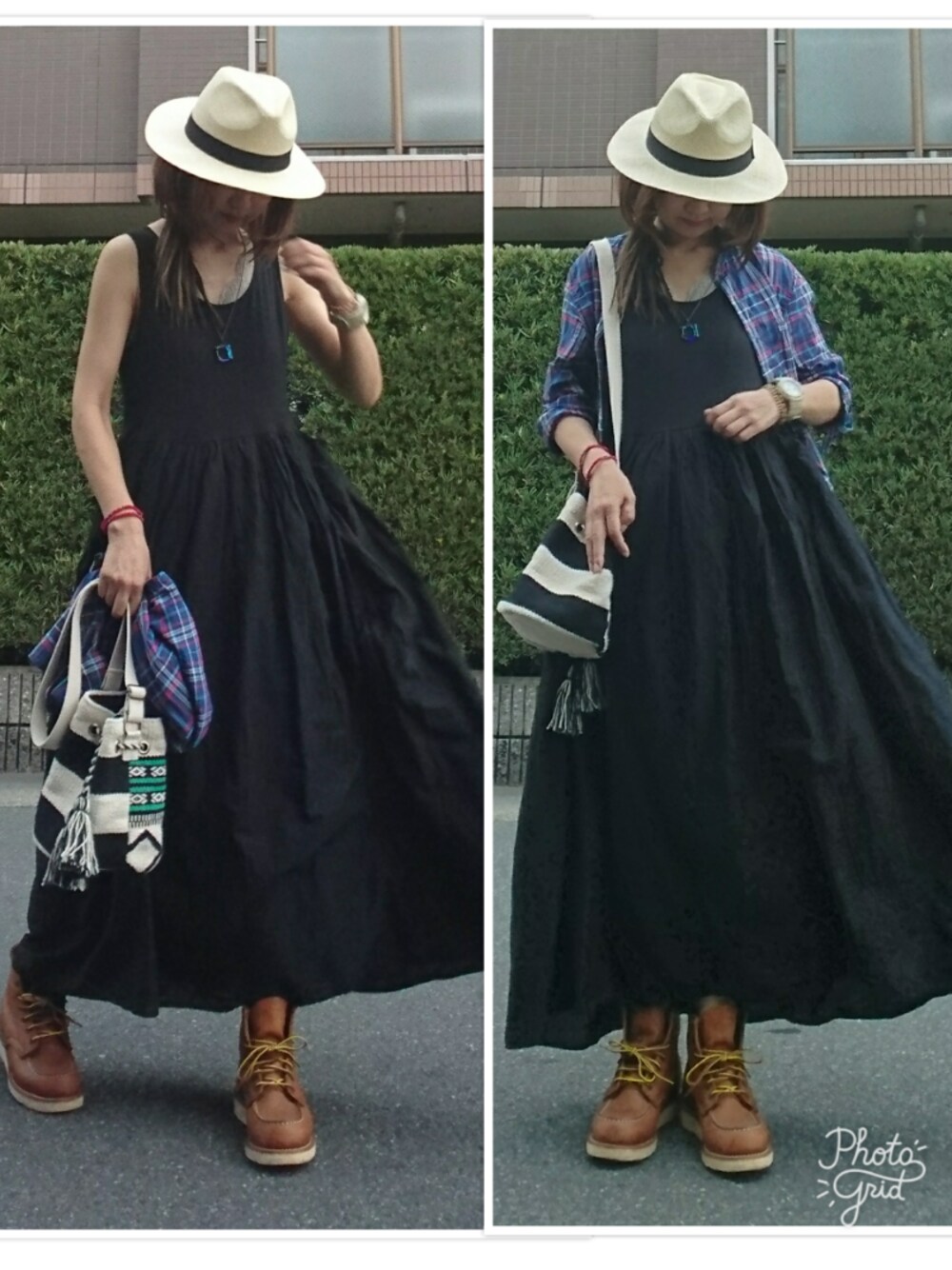 「マキシ丈ワンピース、RED WING、血管部、黒ワンピ、夏でもブーツ族、夏コーデ、オトナ女子、ケッカンも素敵(・㉨・)、ブレス、黒ワンピース」｜「チャイハネの【チャイハネ】HAND WOVEN RUGS メキシカン柄織り巾着ポシェット / ミニショルダーバッグ（ショルダーバッグ、ブラック系）」を使った、マルルン♪ さん（レディース・159cm）の夏コーディネートの1枚目の写真