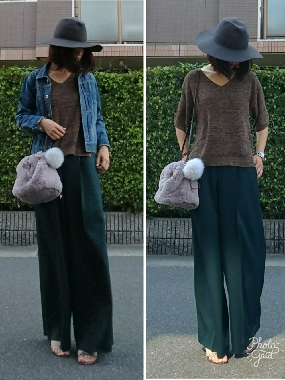 「パンツスタイル、秋のコーデ、ゆるコーデ、オトナ女子、ワイドパンツ、ファー小物、モフモフ、血管部、デニムジャケット、GU」｜「UNITED TOKYOのワンタックストレートワイドパンツ（その他パンツ、グリーン系）」を使った、マルルン♪ さん（レディース・159cm）の夏コーディネートの1枚目の写真