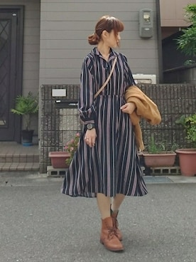 「ストライプワンピース」｜「アイテム（ブルゾン）」を使った、マルルン♪ さん（レディース・159cm）の秋コーディネート