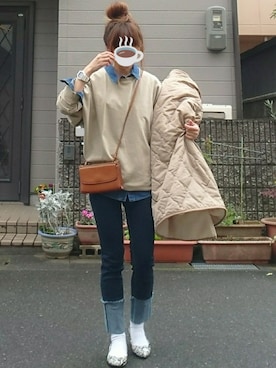 「Munich（ミューニック）の8ozデニムシャツ　オーバーシャツ（シャツ/ブラウス）」を使った、マルルン♪ さん（レディース・159cm）の冬コーディネート