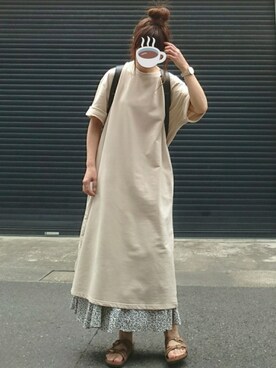 「Chaco closet（チャコ クローゼット）のバルーンスリーブ7分袖ポケット付きミニ裏毛Aラインスウェットワンピース（ワンピース）」を使った、マルルン♪ さん（レディース・159cm）の夏コーディネート