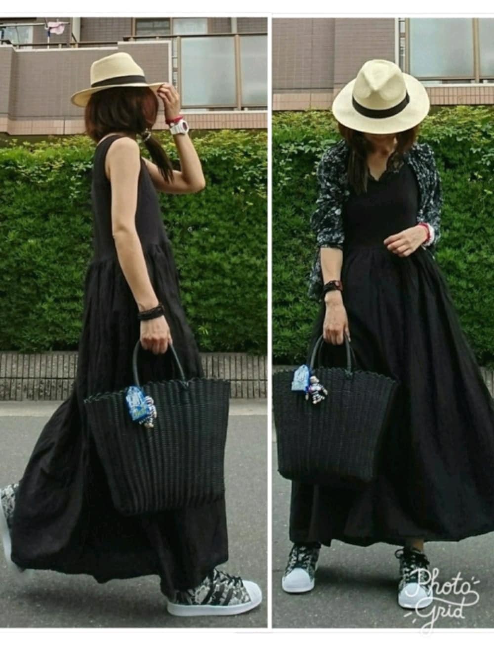 「マキシ丈ワンピース、黒ワンピ、リラックススタイル、ブラック、花柄スニーカー、summer、ハナガラ、ワンピース」｜「KATHARINE HAMNETT LABの【LAB】 W WRAP TEXTILE BRACELET（ブレスレット、レッド系）」を使った、マルルン♪ さん（レディース・159cm）の夏コーディネートの1枚目の写真
