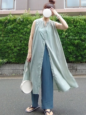 「シャツワンピ」｜「アイテム（ビーチサンダル）」を使った、マルルン♪ さん（レディース・159cm）の夏コーディネート