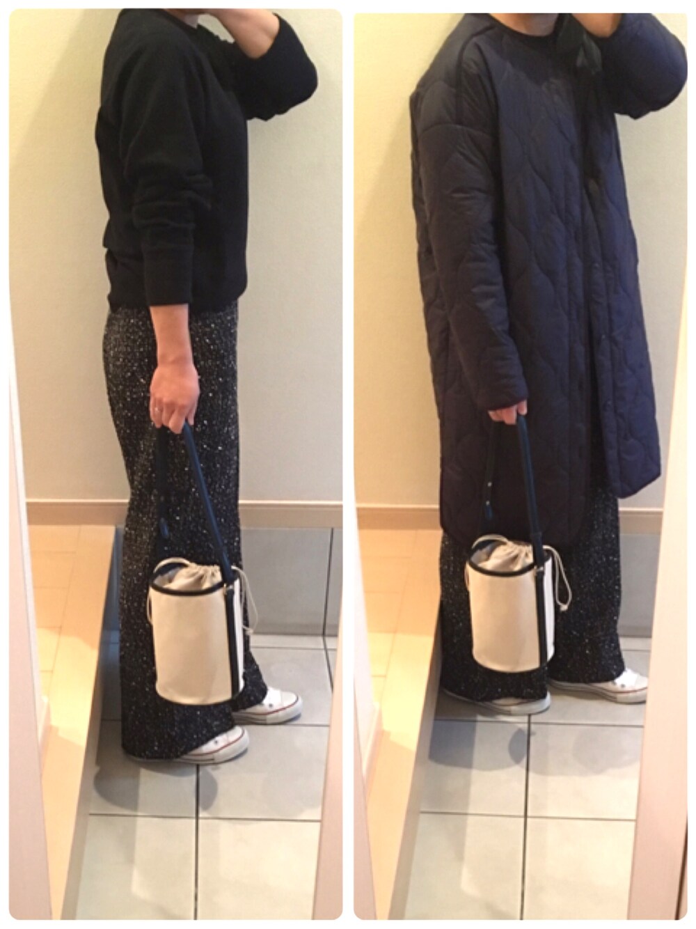 「ワイドパンツ、ツイード、キルティング、大人カジュアル、UNIQLO、ZARA、URBAN RESEARCH」｜「CONVERSEのCONVERSE コンバース ALL STAR HI オールスター ハイ　（スニーカー、ホワイト系）」を使った、りまりまさん（レディース・155cm）の秋コーディネートの1枚目の写真
