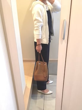 「UNIQLO（ユニクロ）のスーピマコットンリブクルーネックT（半袖）（Tシャツ/カットソー）」を使った、りまりまさん（レディース・155cm）の春コーディネート