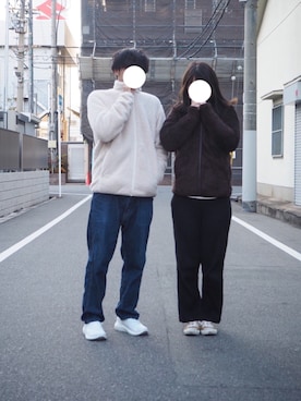 「カップル」｜「アイテム（その他アウター）」を使った、ねねにし¨̮✩さん（メンズ・175cm）の冬コーディネート